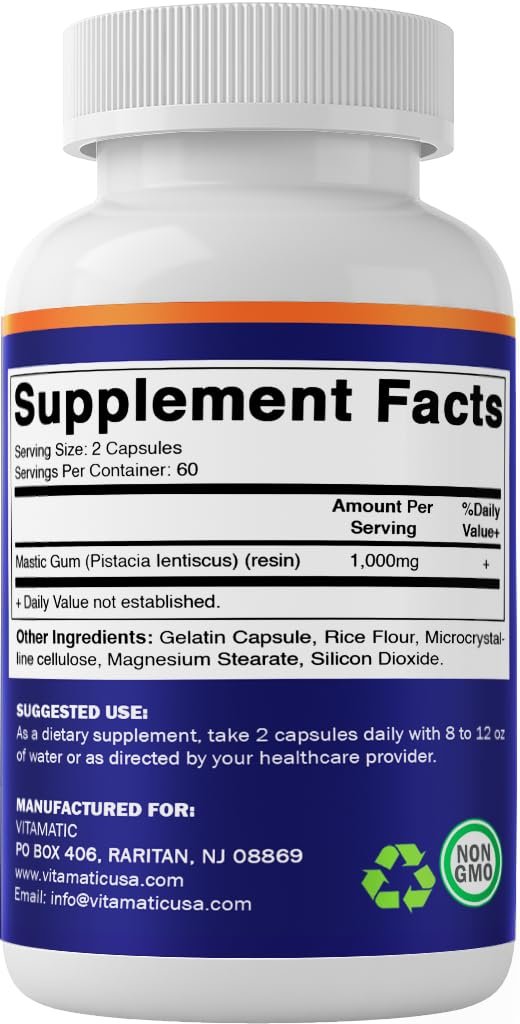 Vitamatic Mastix Gum 1000mg pro Portion – Unterstützt Verdauungsfunktion, Magen-Darm-Gesundheit, Immun- und Mundwohlbefinden, 120 Kapseln