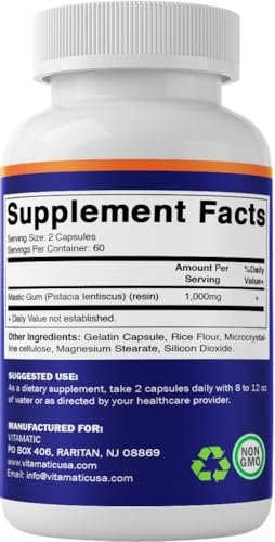 Vitamatic Mastix Gum 1000mg pro Portion – Unterstützt Verdauungsfunktion, Magen-Darm-Gesundheit, Immun- und Mundwohlbefinden, 120 Kapseln