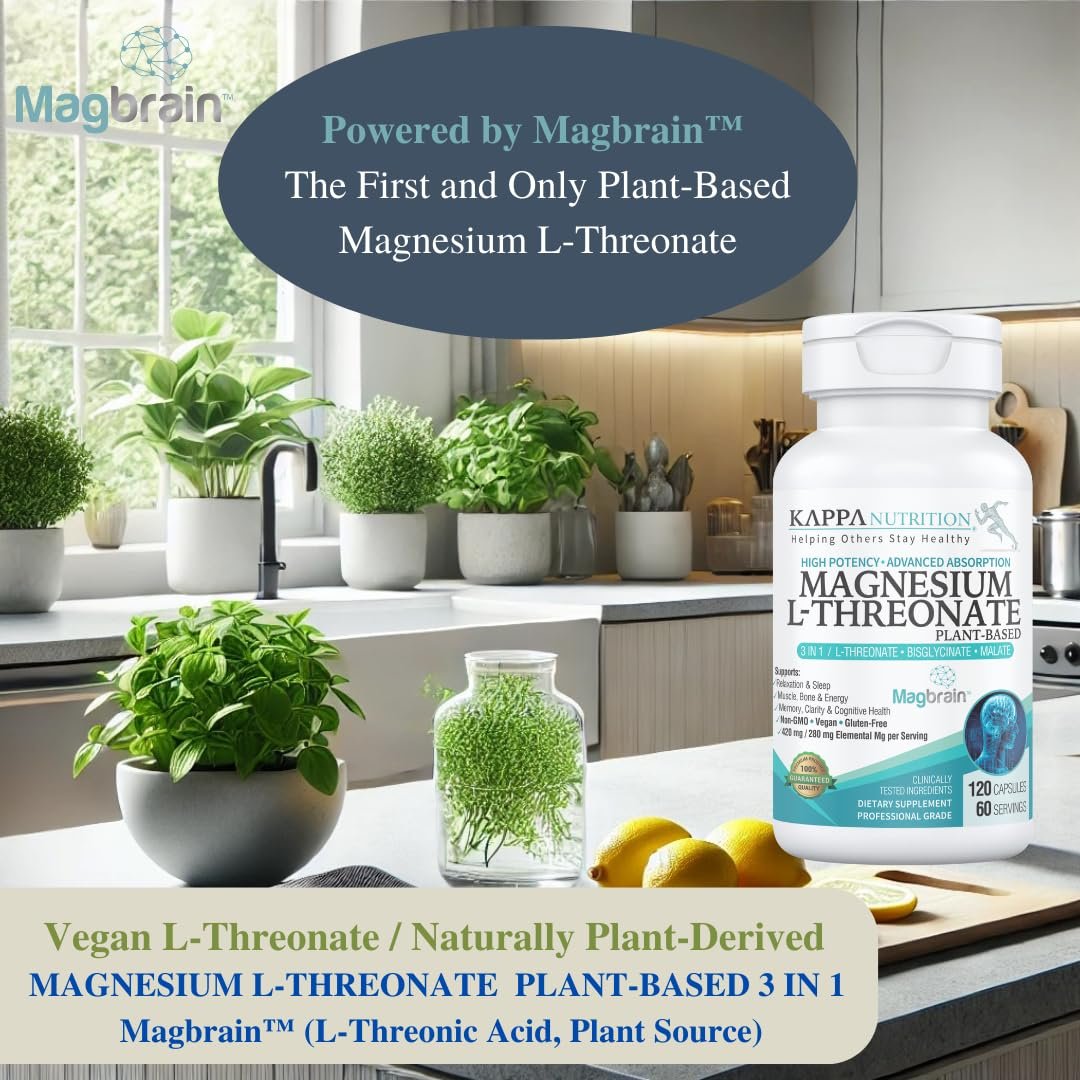 Kappa Nutrition Powered by Magbrain™ Magnesium L-Threonat auf Pflanzenbasis – 420 mg elementares Magnesium (3 Kapseln) aus 2.253 mg, 120 vegane Kapseln, Unterstützung für Gehirn, Schlaf & Muskeln