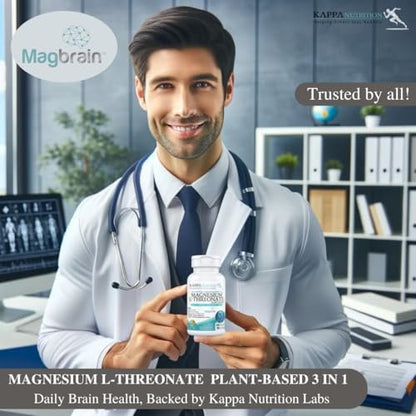 Kappa Nutrition Powered by Magbrain™ Magnesium L-Threonat auf Pflanzenbasis – 420 mg elementares Magnesium (3 Kapseln) aus 2.253 mg, 120 vegane Kapseln, Unterstützung für Gehirn, Schlaf & Muskeln