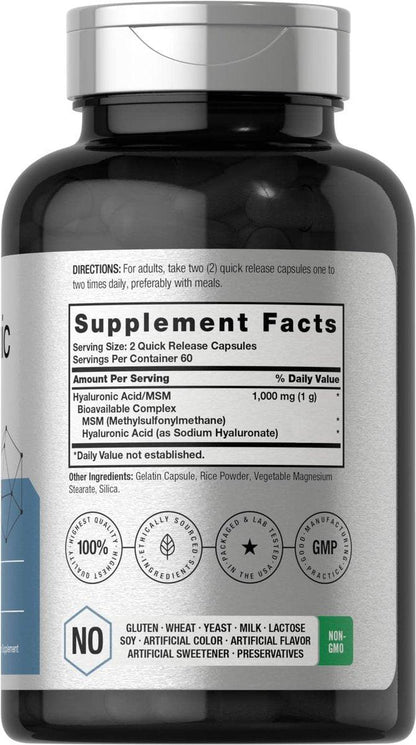 Horbäach Hyaluronsäure mit MSM | 1000 mg | 120 Kapseln | Nicht-GVO und glutenfrei | Bioverfügbare Formel
