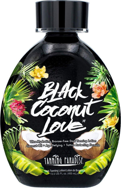 Tanning Paradise Black Coconut Love Bräunungslotion | Kokosnussöl | Anti-Aging | Tattoo-Schutzformel | Ultra-feuchtigkeitsspendende Dunkelbräunungslotion, 400 ml