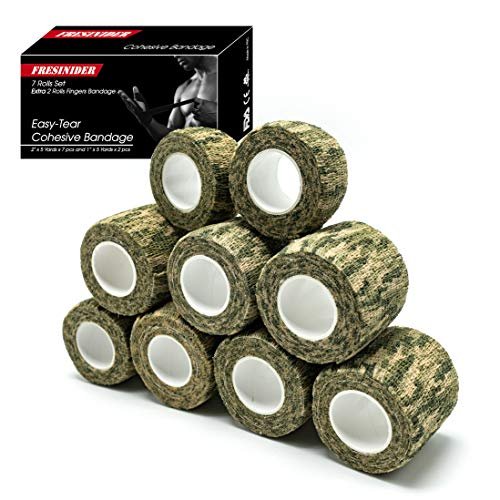 FRESINIDER 9 Rollen Selbstklebende Mullbinde, Atmungsaktive Elastische Kohäsionsbandage für Sportverletzungen & Haustiere (7 Stk. 2" x 5 Yards + 2 Stk. 1" x 5 Yards) (Woodland Multicam Camo)