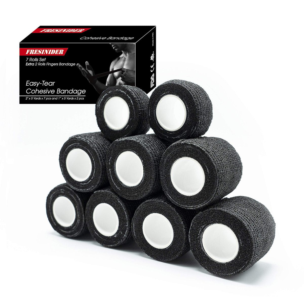 FRESINIDER 9 Rollen Selbstklebende Sportbandage, Atmungsaktive elastische Kohäsionsbandage für Sportverletzungen & Haustiere (7 Stk. 2" x 5 Yards + 2 Stk. 1" x 5 Yards) Schwarz
