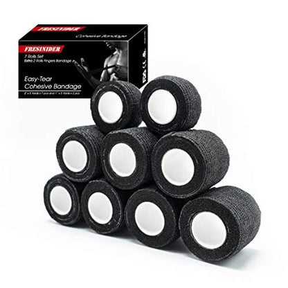 FRESINIDER 9 Rollen Selbstklebende Sportbandage, Atmungsaktive elastische Kohäsionsbandage für Sportverletzungen & Haustiere (7 Stk. 2" x 5 Yards + 2 Stk. 1" x 5 Yards) Schwarz