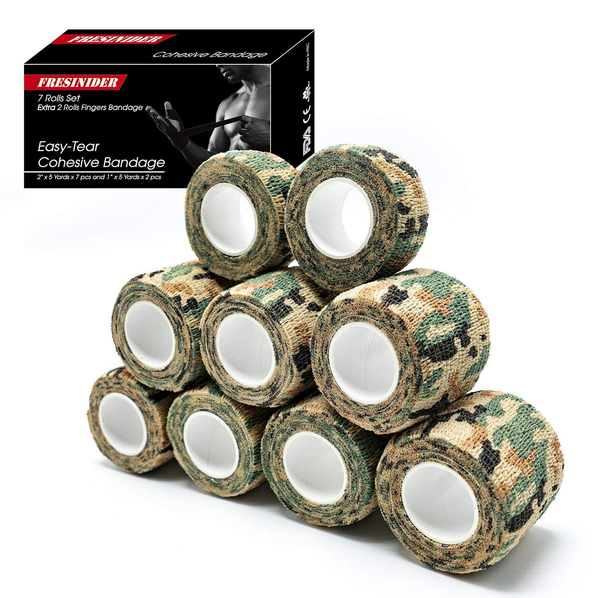 FRESINIDER 9 Rollen Selbstklebende Bandage, Atmungsaktive Elastische Fixierbinde für Sportverletzungen & Haustiere (7 Stück 5 cm x 4,6 m + 2 Stück 2,5 cm x 4,6 m) - German Woodland Camo