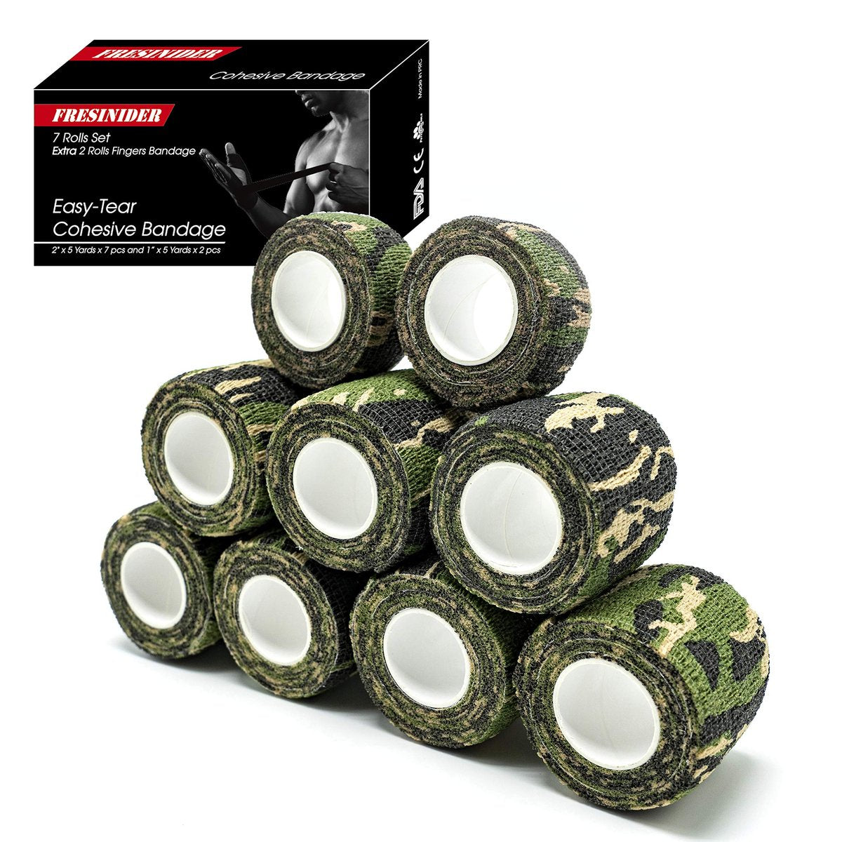 FRESINIDER 9 Rollen Selbstklebende Mullbinde, Atmungsaktive Elastische Kohäsionsbandage für Sportverletzungen & Haustiere (7 Stk. 2" x 5 Yards + 2 Stk. 1" x 5 Yards) - Woodland Camo