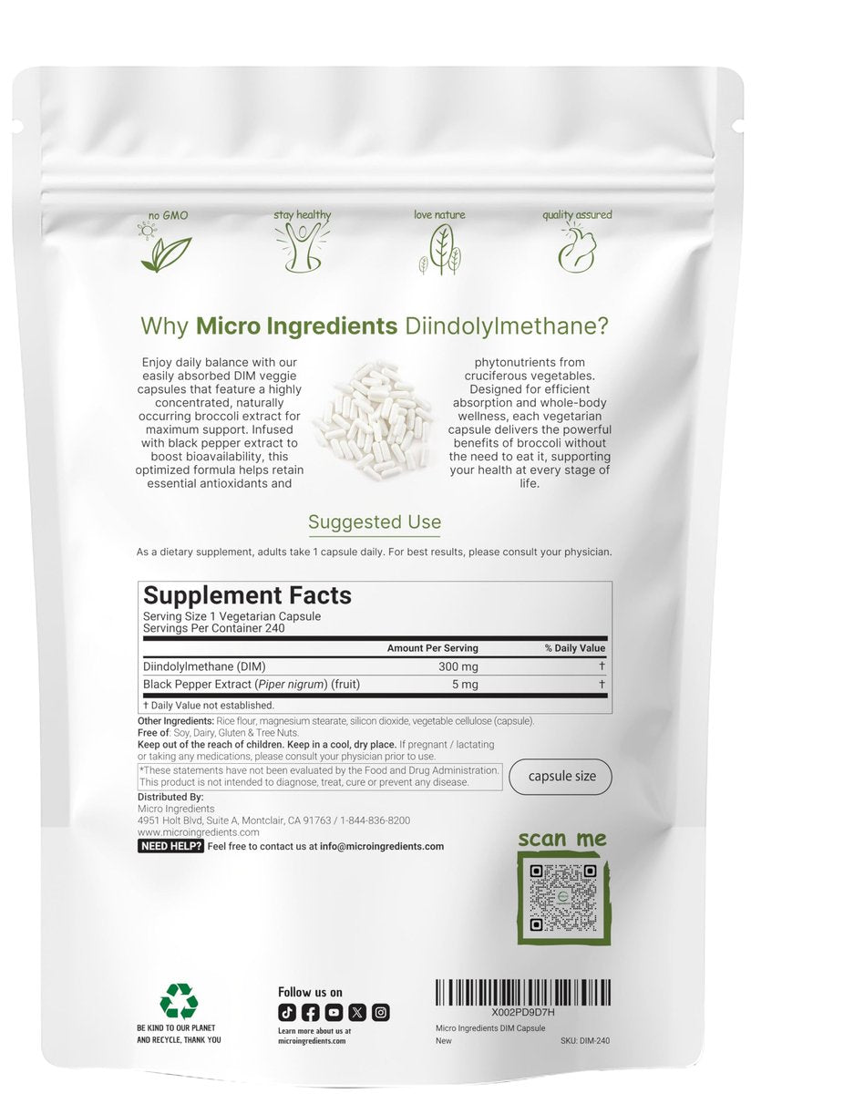 DIM Aktiv Ergänzung, DIM 300mg, 240 Veggie-Kapseln (8-Monate Vorrat), 2-in-1 Formel, Östrogenstoffwechsel, Premium DIM-Plus Brokkoli-Extrakt mit schwarzem Pfeffer für bessere Absorption