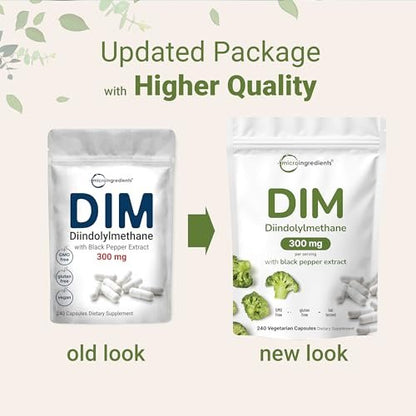 DIM Aktiv Ergänzung, DIM 300mg, 240 Veggie-Kapseln (8-Monate Vorrat), 2-in-1 Formel, Östrogenstoffwechsel, Premium DIM-Plus Brokkoli-Extrakt mit schwarzem Pfeffer für bessere Absorption