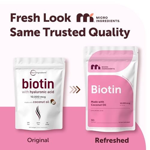 Micro Ingredients Biotin 10.000 mcg mit Hyaluronsäure 25 mg pro Portion | Mit Kokosöl | 365 Weichkapseln | 1 pro Tag | Jahresvorrat | Nicht-GVO & Glutenfrei