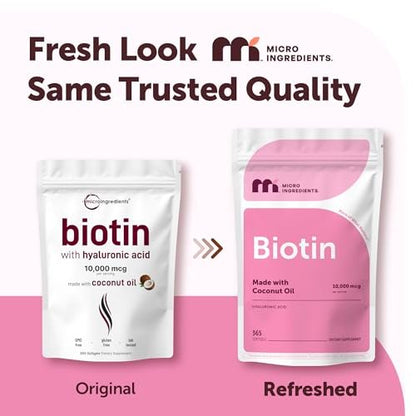 Micro Ingredients Biotin 10.000 mcg mit Hyaluronsäure 25 mg pro Portion | Mit Kokosöl | 365 Weichkapseln | 1 pro Tag | Jahresvorrat | Nicht-GVO & Glutenfrei