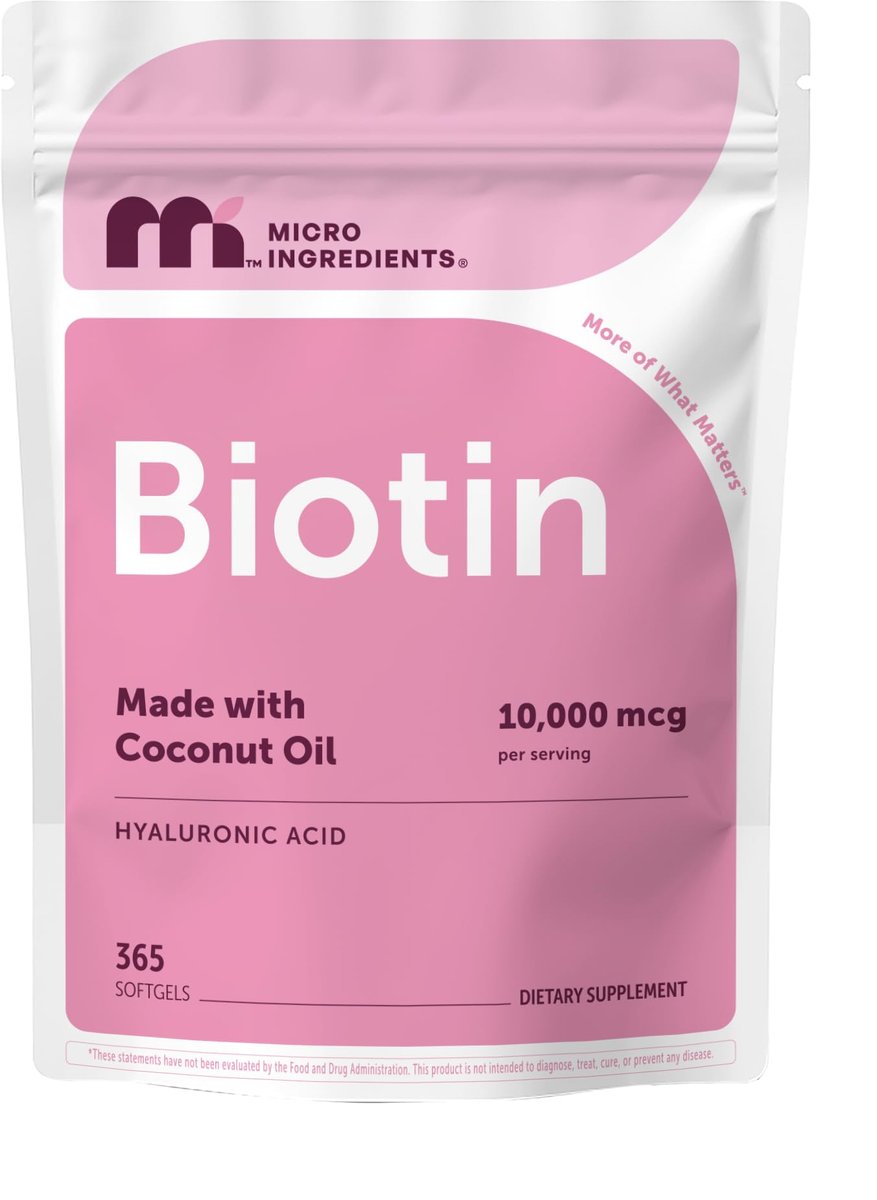 Micro Ingredients Biotin 10.000 mcg mit Hyaluronsäure 25 mg pro Portion | Mit Kokosöl | 365 Weichkapseln | 1 pro Tag | Jahresvorrat | Nicht-GVO & Glutenfrei