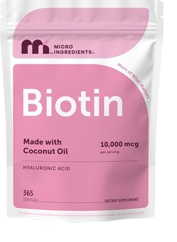 Micro Ingredients Biotin 10.000 mcg mit Hyaluronsäure 25 mg pro Portion | Mit Kokosöl | 365 Weichkapseln | 1 pro Tag | Jahresvorrat | Nicht-GVO & Glutenfrei