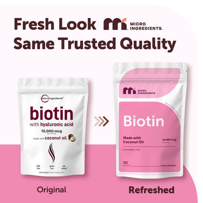 Micro Ingredients Biotin 10.000 mcg mit Hyaluronsäure 25 mg pro Portion | Mit Kokosöl | 365 Weichkapseln | 1 pro Tag | Jahresvorrat | Nicht-GVO & Glutenfrei
