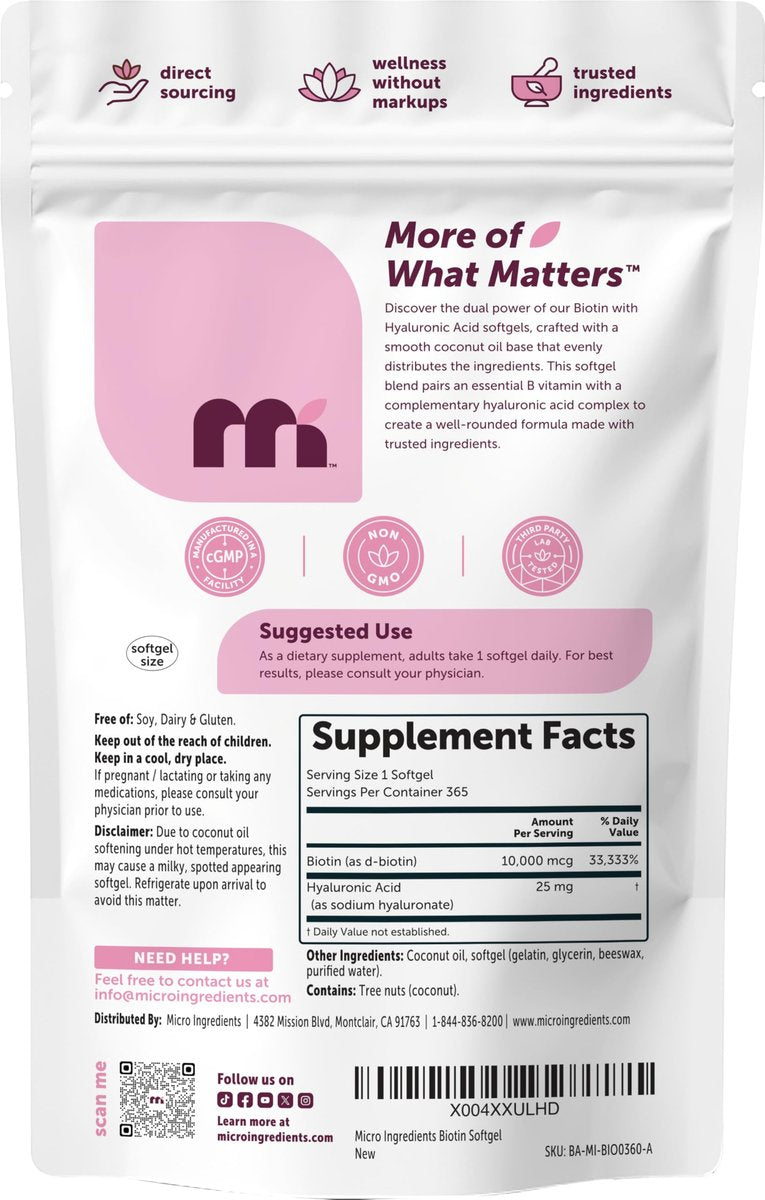 Micro Ingredients Biotin 10.000 mcg mit Hyaluronsäure 25 mg pro Portion | Mit Kokosöl | 365 Weichkapseln | 1 pro Tag | Jahresvorrat | Nicht-GVO & Glutenfrei