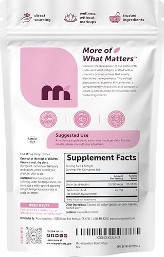 Micro Ingredients Biotin 10.000 mcg mit Hyaluronsäure 25 mg pro Portion | Mit Kokosöl | 365 Weichkapseln | 1 pro Tag | Jahresvorrat | Nicht-GVO & Glutenfrei