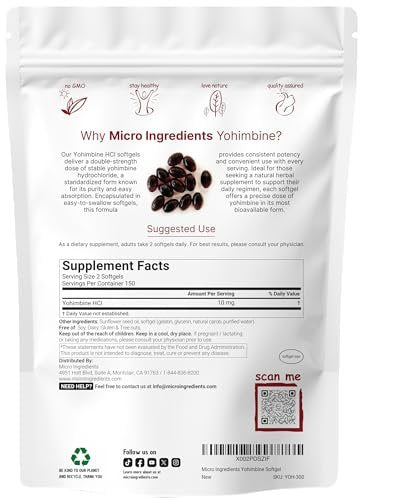 Doppelte Stärke Yohimbin Nahrungsergänzung für Männer und Frauen, 10 mg pro Portion, 300 Softgels, Yohimbin HCL mit nativem Sonnenblumenkernöl für bessere Absorption, unterstützt die Energieproduktion, afrikanischer Rohstoff
