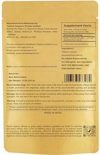 CARMEL ORGANICS Neemblatt Pulver | 227 g | Natürlich | Nicht GVO | Ohne Zusatzstoffe | Azadirachta Indica Pulver