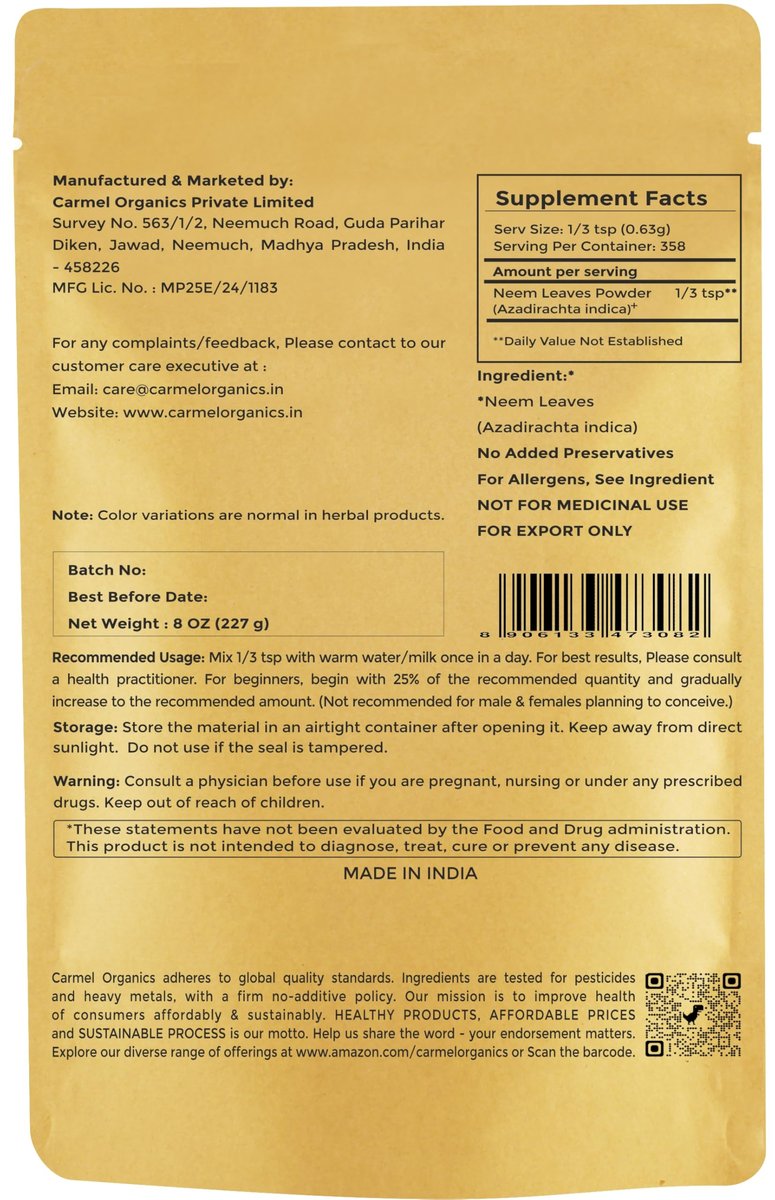 CARMEL ORGANICS Neemblatt Pulver | 227 g | Natürlich | Nicht GVO | Ohne Zusatzstoffe | Azadirachta Indica Pulver