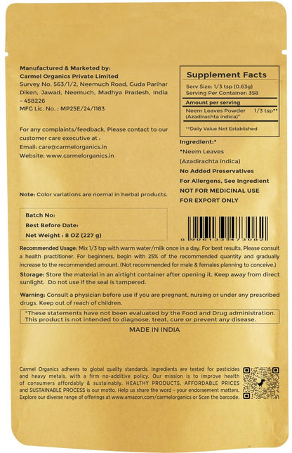 CARMEL ORGANICS Neemblatt Pulver | 227 g | Natürlich | Nicht GVO | Ohne Zusatzstoffe | Azadirachta Indica Pulver