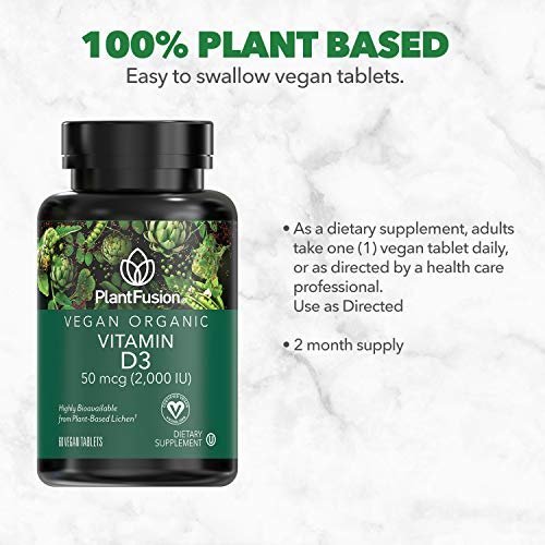 PlantFusion Veganes Vitamin D3 2000 IE – Aus organischer Flechte (Vitashine) für Immunsystem & Knochengesundheit, 60 Tabletten