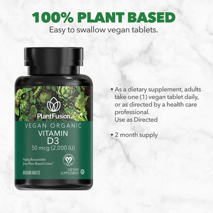 PlantFusion Veganes Vitamin D3 2000 IE – Aus organischer Flechte (Vitashine) für Immunsystem & Knochengesundheit, 60 Tabletten