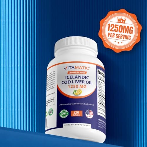 Vitamatic Isländisches Lebertran Kapseln 1250 mg, 120 Weichkapseln mit Zitronengeschmack – Unterstützt die Herz-Kreislauf-Gesundheit