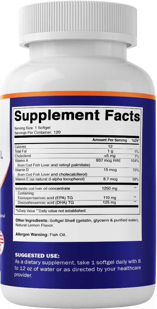 Vitamatic Isländisches Lebertran Kapseln 1250 mg, 120 Weichkapseln mit Zitronengeschmack – Unterstützt die Herz-Kreislauf-Gesundheit