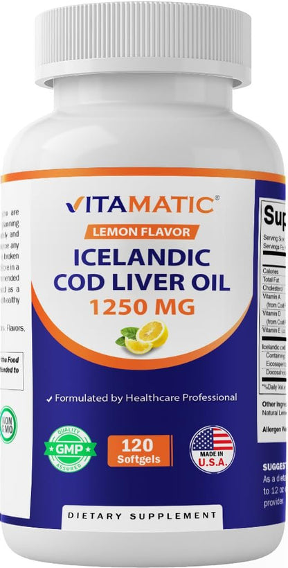 Vitamatic Isländisches Lebertran Kapseln 1250 mg, 120 Weichkapseln mit Zitronengeschmack – Unterstützt die Herz-Kreislauf-Gesundheit