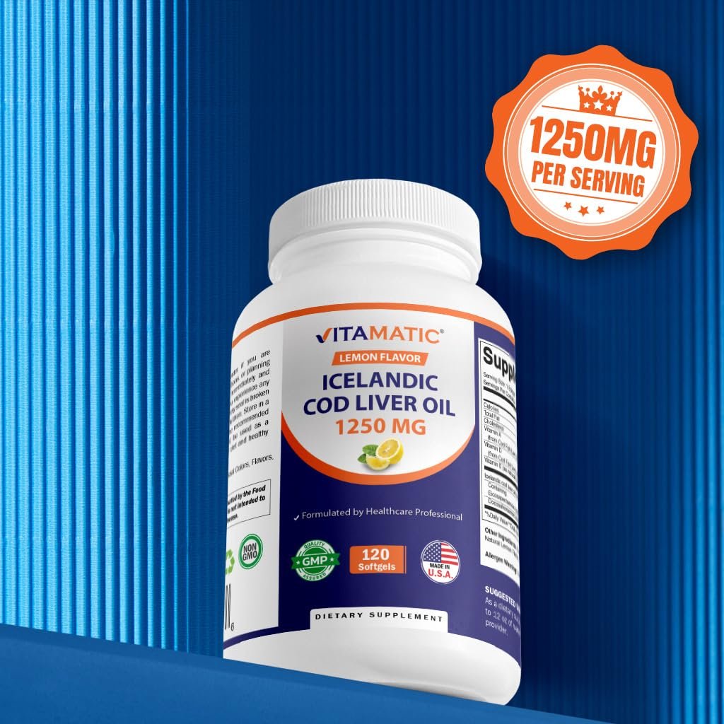 Vitamatic Isländisches Lebertran Kapseln 1250 mg, 120 Weichkapseln mit Zitronengeschmack – Unterstützt die Herz-Kreislauf-Gesundheit