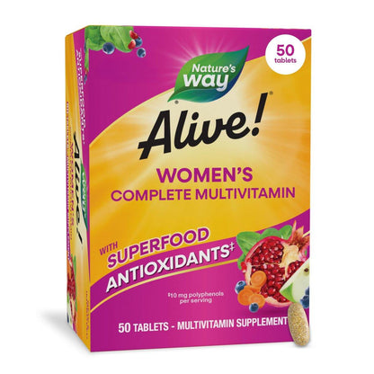 Nature's Way Alive! Komplett Multivitamin für Frauen – Tägliches Frauenvitamin mit B-Vitaminen, Superfood-Antioxidantien, unterstützt den Energiestoffwechsel, Haare, Haut & Nägel, 50 Tabletten