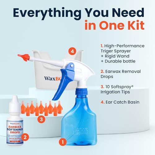 WaxBGone® Ohrenschmalz-Entfernungsset mit SoftSpray®-Spülaufsätzen – Sicheres, sanftes und schnelles Ohrenreinigungsset für Erwachsene und Kinder zu Hause – Standard-Set mit Ohrentropfen