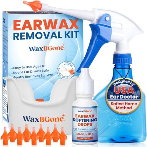 WaxBGone® Ohrenschmalz-Entfernungsset mit SoftSpray®-Spülaufsätzen – Sicheres, sanftes und schnelles Ohrenreinigungsset für Erwachsene und Kinder zu Hause – Standard-Set mit Ohrentropfen