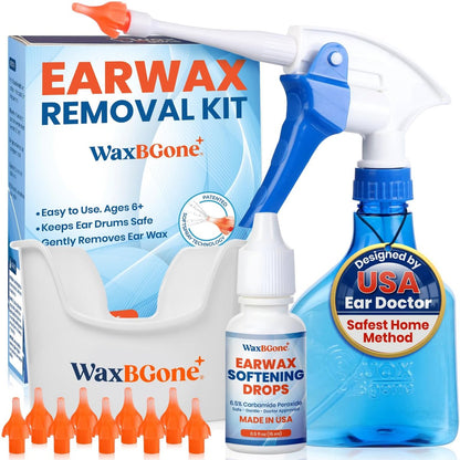 WaxBGone® Ohrenschmalz-Entfernungsset mit SoftSpray®-Spülaufsätzen – Sicheres, sanftes und schnelles Ohrenreinigungsset für Erwachsene und Kinder zu Hause – Standard-Set mit Ohrentropfen