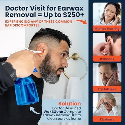 WaxBGone® Ohrenschmalz-Entfernungsset mit SoftSpray®-Spülaufsätzen – Sicheres, sanftes und schnelles Ohrenreinigungsset für Erwachsene und Kinder zu Hause – Standard-Set mit Ohrentropfen