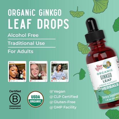 MARYRUTH'S Organics Ginkgo Blatt Flüssigtropfen | Pflanzliches Nahrungsergänzungsmittel | Nootropikum | Unterstützung für Kreislaufsystem & Nervensystem | USDA Bio | Vegan | 60 Portionen