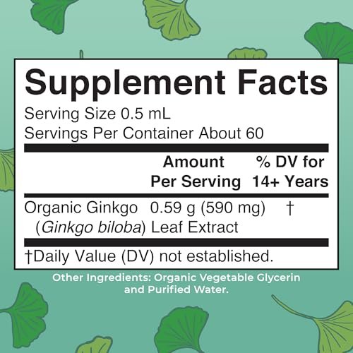 MARYRUTH'S Organics Ginkgo Blatt Flüssigtropfen | Pflanzliches Nahrungsergänzungsmittel | Nootropikum | Unterstützung für Kreislaufsystem & Nervensystem | USDA Bio | Vegan | 60 Portionen