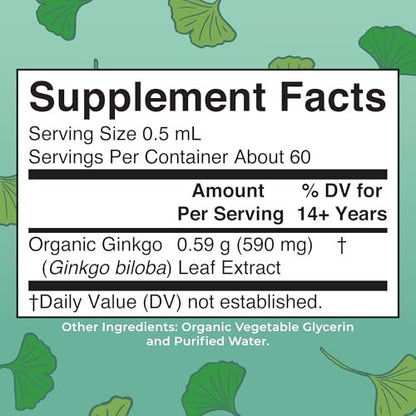 MARYRUTH'S Organics Ginkgo Blatt Flüssigtropfen | Pflanzliches Nahrungsergänzungsmittel | Nootropikum | Unterstützung für Kreislaufsystem & Nervensystem | USDA Bio | Vegan | 60 Portionen