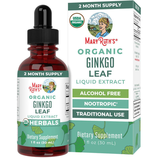 MARYRUTH'S Organics Ginkgo Blatt Flüssigtropfen | Pflanzliches Nahrungsergänzungsmittel | Nootropikum | Unterstützung für Kreislaufsystem & Nervensystem | USDA Bio | Vegan | 60 Portionen