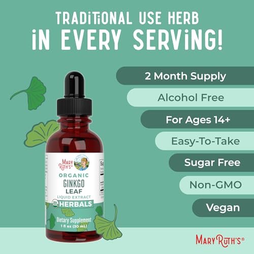 MARYRUTH'S Organics Ginkgo Blatt Flüssigtropfen | Pflanzliches Nahrungsergänzungsmittel | Nootropikum | Unterstützung für Kreislaufsystem & Nervensystem | USDA Bio | Vegan | 60 Portionen