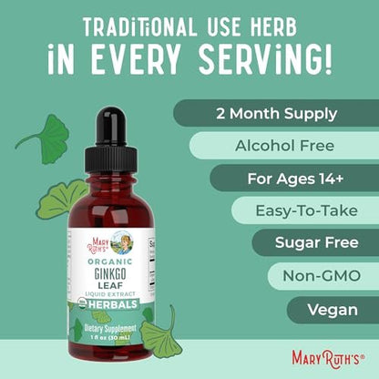 MARYRUTH'S Organics Ginkgo Blatt Flüssigtropfen | Pflanzliches Nahrungsergänzungsmittel | Nootropikum | Unterstützung für Kreislaufsystem & Nervensystem | USDA Bio | Vegan | 60 Portionen