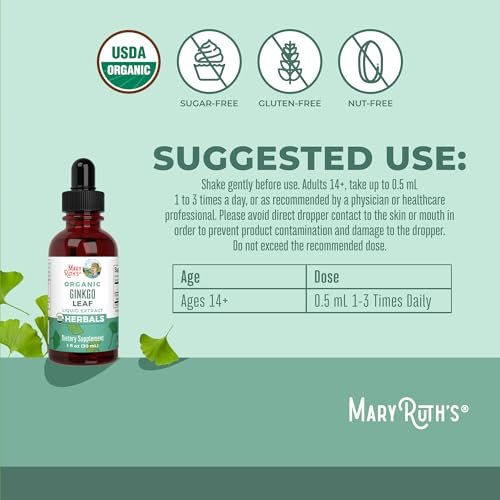 MARYRUTH'S Organics Ginkgo Blatt Flüssigtropfen | Pflanzliches Nahrungsergänzungsmittel | Nootropikum | Unterstützung für Kreislaufsystem & Nervensystem | USDA Bio | Vegan | 60 Portionen