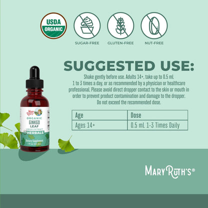 MARYRUTH'S Organics Ginkgo Blatt Flüssigtropfen | Pflanzliches Nahrungsergänzungsmittel | Nootropikum | Unterstützung für Kreislaufsystem & Nervensystem | USDA Bio | Vegan | 60 Portionen