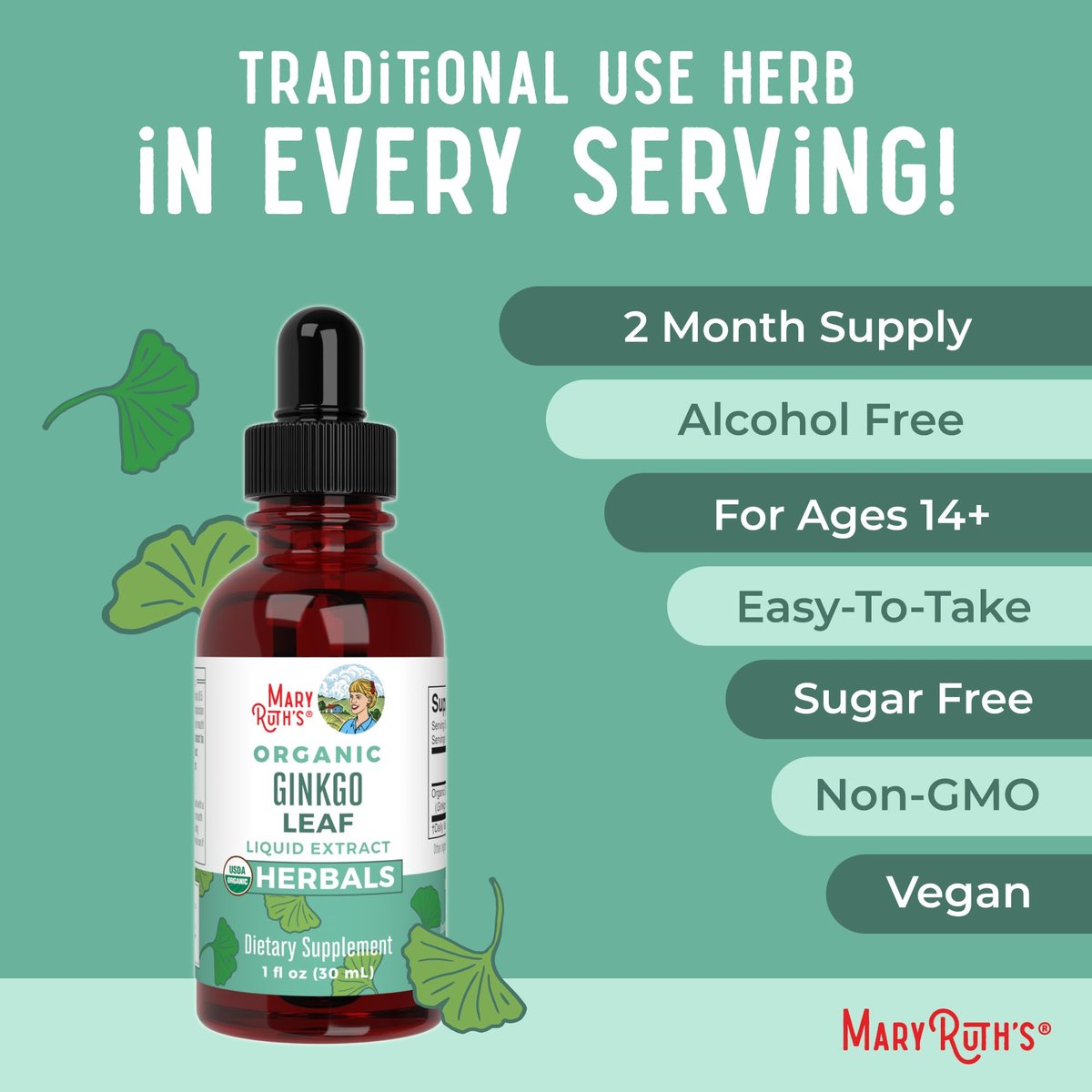 MARYRUTH'S Organics Ginkgo Blatt Flüssigtropfen | Pflanzliches Nahrungsergänzungsmittel | Nootropikum | Unterstützung für Kreislaufsystem & Nervensystem | USDA Bio | Vegan | 60 Portionen