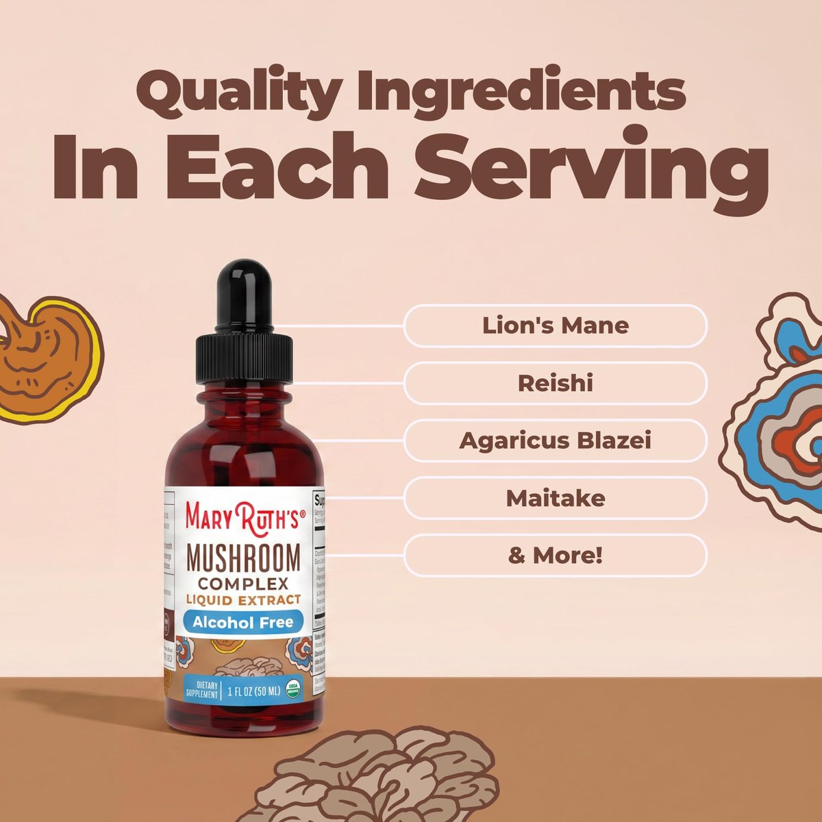 MARYRUTH'S Pilzkomplex | Löwenmähne | Truthahnschwanz | Reishi | Shiitake | Alkoholfrei | Bio | Vegan | 30 Portionen