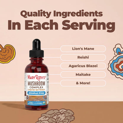 MARYRUTH'S Pilzkomplex | Löwenmähne | Truthahnschwanz | Reishi | Shiitake | Alkoholfrei | Bio | Vegan | 30 Portionen