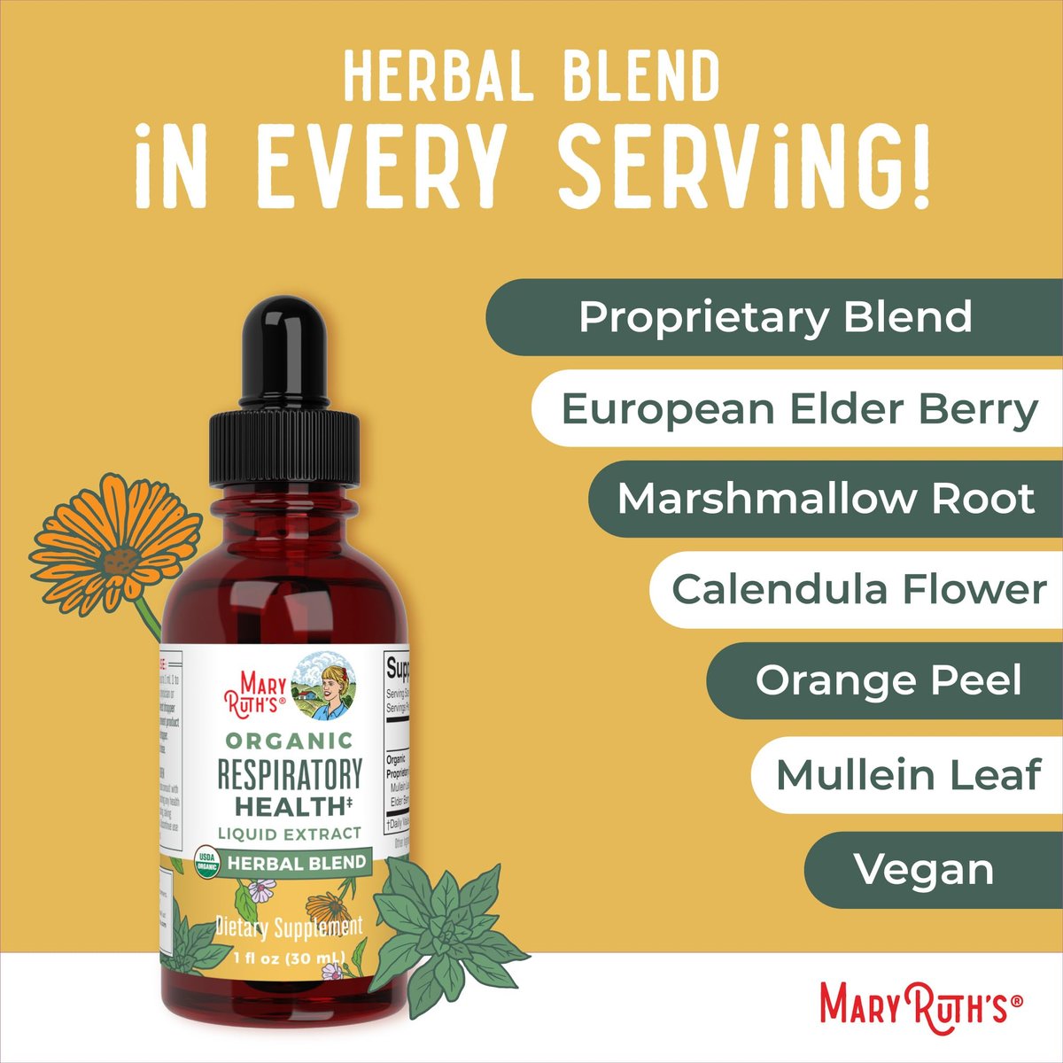 MaryRuth Organics USDA Bio Flüssige Atemwegs-Tropfen mit Königskerze, Eibischwurzel & Holunder | Königskerzen-Tropfen für die Lunge | Kräutermischung zur Immununterstützung | Vegan | 30 ml