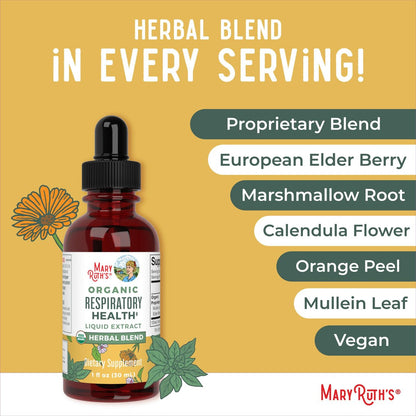 MaryRuth Organics USDA Bio Flüssige Atemwegs-Tropfen mit Königskerze, Eibischwurzel & Holunder | Königskerzen-Tropfen für die Lunge | Kräutermischung zur Immununterstützung | Vegan | 30 ml