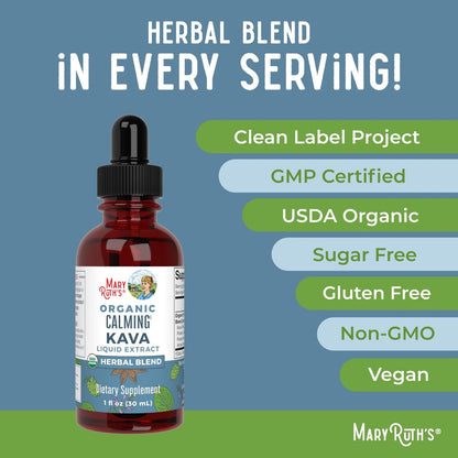 MaryRuth's Kava-Wurzel-Flüssigextrakt für Ruhe & Entspannung | Nervine & adaptogene Kräutermischung | USDA Bio | Zuckerfrei | Glutenfrei | Vegan | Ohne Gentechnik | Ab 14 Jahren | 30 ml | 30-Tage-Vorrat