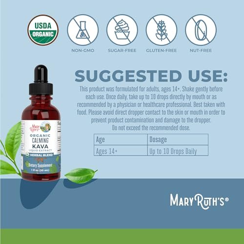 MaryRuth's Kava-Wurzel-Flüssigextrakt für Ruhe & Entspannung | Nervine & adaptogene Kräutermischung | USDA Bio | Zuckerfrei | Glutenfrei | Vegan | Ohne Gentechnik | Ab 14 Jahren | 30 ml | 30-Tage-Vorrat